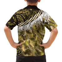 Yellow Traditional Cloak Aotearoa Family Matching Off Shoulder Short Dress and Hawaiian Shirt Maori Paua Shell Korowai Pattern
