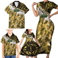 Yellow Traditional Cloak Aotearoa Family Matching Short Sleeve Bodycon Dress and Hawaiian Shirt Maori Paua Shell Korowai Pattern LT14 - Polynesian Pride