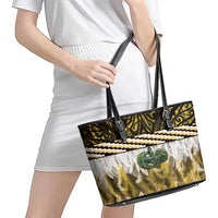 Yellow Traditional Cloak Aotearoa Leather Tote Bag Maori Paua Shell Korowai Pattern