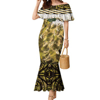Yellow Traditional Cloak Aotearoa Mermaid Dress Maori Paua Shell Korowai Pattern