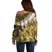 Yellow Traditional Cloak Aotearoa Off Shoulder Sweater Maori Paua Shell Korowai Pattern