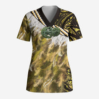 Yellow Traditional Cloak Aotearoa Scrub Top Maori Paua Shell Korowai Pattern - Polynesian Pride