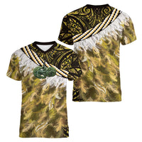 Yellow Traditional Cloak Aotearoa Women V-Neck T-Shirt Maori Paua Shell Korowai Pattern