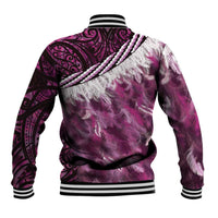 Pink Traditional Cloak Aotearoa Baseball Jacket Maori Paua Shell Korowai Pattern