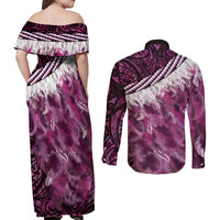Pink Traditional Cloak Aotearoa Couples Matching Off Shoulder Maxi Dress and Long Sleeve Button Shirt Maori Paua Shell Korowai Pattern