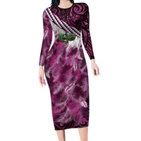 Pink Traditional Cloak Aotearoa Family Matching Long Sleeve Bodycon Dress and Hawaiian Shirt Maori Paua Shell Korowai Pattern LT14 Mom's Dress Pink - Polynesian Pride