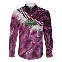 Pink Traditional Cloak Aotearoa Family Matching Mermaid Dress and Hawaiian Shirt Maori Paua Shell Korowai Pattern LT14 Dad's Shirt - Long Sleeve Pink - Polynesian Pride