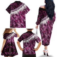 Pink Traditional Cloak Aotearoa Family Matching Off The Shoulder Long Sleeve Dress and Hawaiian Shirt Maori Paua Shell Korowai Pattern LT14 - Polynesian Pride