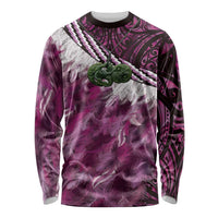 Pink Traditional Cloak Aotearoa Long Sleeve Shirt Maori Paua Shell Korowai Pattern