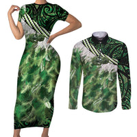 Green Traditional Cloak Aotearoa Couples Matching Short Sleeve Bodycon Dress and Long Sleeve Button Shirt Maori Paua Shell Korowai Pattern