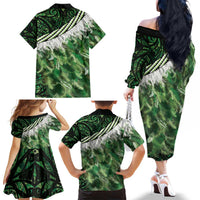 Green Traditional Cloak Aotearoa Family Matching Off The Shoulder Long Sleeve Dress and Hawaiian Shirt Maori Paua Shell Korowai Pattern LT14 - Polynesian Pride