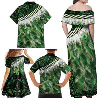 Green Traditional Cloak Aotearoa Family Matching Off Shoulder Maxi Dress and Hawaiian Shirt Maori Paua Shell Korowai Pattern