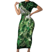 Green Traditional Cloak Aotearoa Family Matching Short Sleeve Bodycon Dress and Hawaiian Shirt Maori Paua Shell Korowai Pattern LT14 Mom's Dress Green - Polynesian Pride
