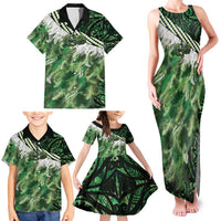 Green Traditional Cloak Aotearoa Family Matching Tank Maxi Dress and Hawaiian Shirt Maori Paua Shell Korowai Pattern