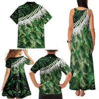 Green Traditional Cloak Aotearoa Family Matching Tank Maxi Dress and Hawaiian Shirt Maori Paua Shell Korowai Pattern