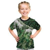 Green Traditional Cloak Aotearoa Kid T Shirt Maori Paua Shell Korowai Pattern