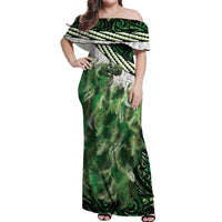 Green Traditional Cloak Aotearoa Off Shoulder Maxi Dress Maori Paua Shell Korowai Pattern