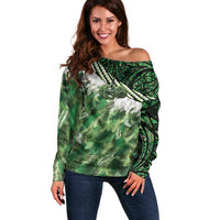 Green Traditional Cloak Aotearoa Off Shoulder Sweater Maori Paua Shell Korowai Pattern