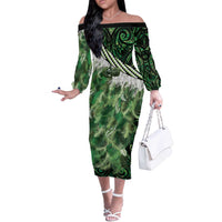 Green Traditional Cloak Aotearoa Off The Shoulder Long Sleeve Dress Maori Paua Shell Korowai Pattern