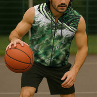 Green Traditional Cloak Aotearoa Sleeveless Zip Hoodie Maori Paua Shell Korowai Pattern - Polynesian Pride