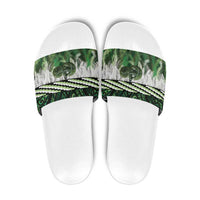 Green Traditional Cloak Aotearoa Slide Sandals Maori Paua Shell Korowai Pattern - Polynesian Pride