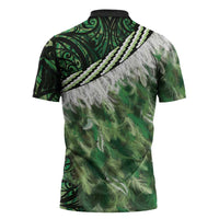 Green Traditional Cloak Aotearoa Zipper Polo Shirt Maori Paua Shell Korowai Pattern - Polynesian Pride