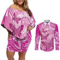 Personalised Polynesia Breast Cancer Awareness Couples Matching Off Shoulder Short Dress and Long Sleeve Button Shirt Think Pink Ribbon Polynesian Butterflies