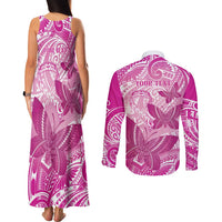 Personalised Polynesia Breast Cancer Awareness Couples Matching Tank Maxi Dress and Long Sleeve Button Shirt Think Pink Ribbon Polynesian Butterflies