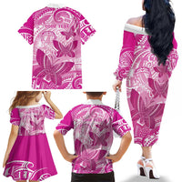 Personalised Polynesia Breast Cancer Awareness Family Matching Off The Shoulder Long Sleeve Dress and Hawaiian Shirt Think Pink Ribbon Polynesian Butterflies LT14 - Polynesian Pride
