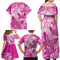 Personalised Polynesia Breast Cancer Awareness Family Matching Off Shoulder Maxi Dress and Hawaiian Shirt Think Pink Ribbon Polynesian Butterflies LT14 - Polynesian Pride