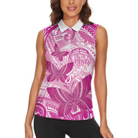 Personalised Polynesia Breast Cancer Awareness Women Sleeveless Polo Shirt Think Pink Ribbon Polynesian Butterflies