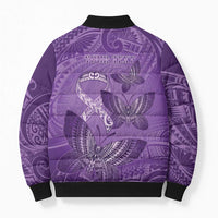 Personalised Polynesia Lupus Awareness Month Bomber Puffer Jacket Warrior Purple Ribbon Polynesian Butterflies