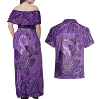 Personalised Polynesia Lupus Awareness Month Couples Matching Off Shoulder Maxi Dress and Hawaiian Shirt Warrior Purple Ribbon Polynesian Butterflies LT14 - Polynesian Pride