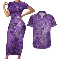 Personalised Polynesia Lupus Awareness Month Couples Matching Short Sleeve Bodycon Dress and Hawaiian Shirt Warrior Purple Ribbon Polynesian Butterflies LT14 Purple - Polynesian Pride