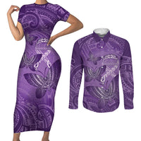 Personalised Polynesia Lupus Awareness Month Couples Matching Short Sleeve Bodycon Dress and Long Sleeve Button Shirt Warrior Purple Ribbon Polynesian Butterflies LT14 Purple - Polynesian Pride