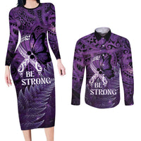 Lupus Awareness Month New Zealand Couples Matching Long Sleeve Bodycon Dress and Long Sleeve Button Shirt Be Strong Warrior Maori Silver Fern LT14 Purple - Polynesian Pride