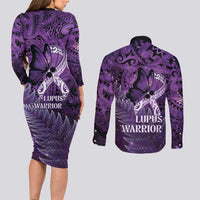 Lupus Awareness Month New Zealand Couples Matching Long Sleeve Bodycon Dress and Long Sleeve Button Shirt Be Strong Warrior Maori Silver Fern LT14 - Polynesian Pride