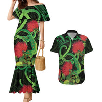New Zealand Gecko Couples Matching Mermaid Dress and Hawaiian Shirt Aotearoa Maori With Pohutukawa Flowers LT14 Black - Polynesian Pride