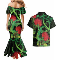 New Zealand Gecko Couples Matching Mermaid Dress and Hawaiian Shirt Aotearoa Maori With Pohutukawa Flowers LT14 - Polynesian Pride