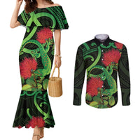 New Zealand Gecko Couples Matching Mermaid Dress and Long Sleeve Button Shirt Aotearoa Maori With Pohutukawa Flowers LT14 Black - Polynesian Pride