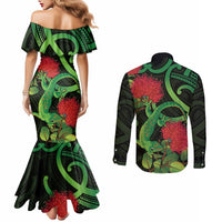 New Zealand Gecko Couples Matching Mermaid Dress and Long Sleeve Button Shirt Aotearoa Maori With Pohutukawa Flowers LT14 - Polynesian Pride