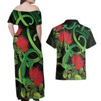 New Zealand Gecko Couples Matching Off Shoulder Maxi Dress and Hawaiian Shirt Aotearoa Maori With Pohutukawa Flowers