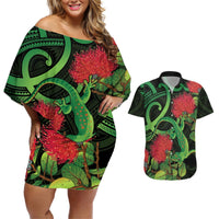 New Zealand Gecko Couples Matching Off Shoulder Short Dress and Hawaiian Shirt Aotearoa Maori With Pohutukawa Flowers LT14 Black - Polynesian Pride