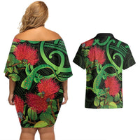 New Zealand Gecko Couples Matching Off Shoulder Short Dress and Hawaiian Shirt Aotearoa Maori With Pohutukawa Flowers LT14 - Polynesian Pride