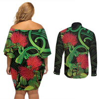 New Zealand Gecko Couples Matching Off Shoulder Short Dress and Long Sleeve Button Shirt Aotearoa Maori With Pohutukawa Flowers LT14 - Polynesian Pride