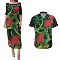 New Zealand Gecko Couples Matching Puletasi and Hawaiian Shirt Aotearoa Maori With Pohutukawa Flowers LT14 Black - Polynesian Pride