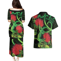 New Zealand Gecko Couples Matching Puletasi and Hawaiian Shirt Aotearoa Maori With Pohutukawa Flowers LT14 - Polynesian Pride