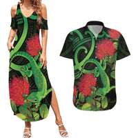 New Zealand Gecko Couples Matching Summer Maxi Dress and Hawaiian Shirt Aotearoa Maori With Pohutukawa Flowers LT14 Black - Polynesian Pride