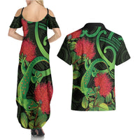 New Zealand Gecko Couples Matching Summer Maxi Dress and Hawaiian Shirt Aotearoa Maori With Pohutukawa Flowers LT14 - Polynesian Pride