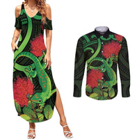 New Zealand Gecko Couples Matching Summer Maxi Dress and Long Sleeve Button Shirt Aotearoa Maori With Pohutukawa Flowers LT14 Black - Polynesian Pride